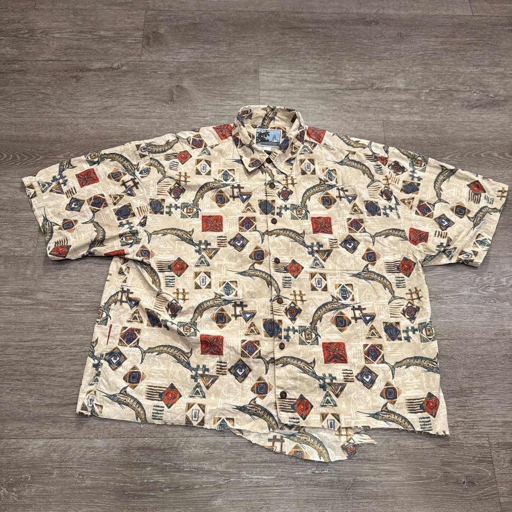AFTCO Shirt Adult 2XL BLUE WATER Short Sleeve Cotton Button Up Costal Sword Fish